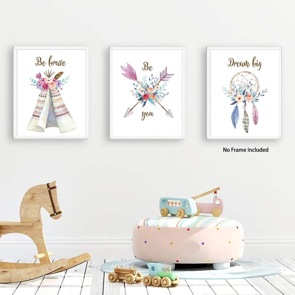 Girls Boho Tribal Art Print,Dreamcatcher Feathers Flowers with Inspirational Quote Wall Poster Picture,Set of 6(8X10“ Unframed) Watercolor Positive Affirmation Words Bohemian Canvas Poster