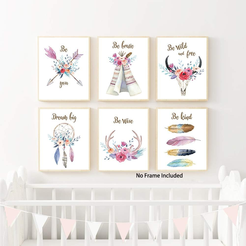 Girls Boho Tribal Art Print,Dreamcatcher Feathers Flowers with Inspirational Quote Wall Poster Picture,Set of 6(8X10“ Unframed) Watercolor Positive Affirmation Words Bohemian Canvas Poster