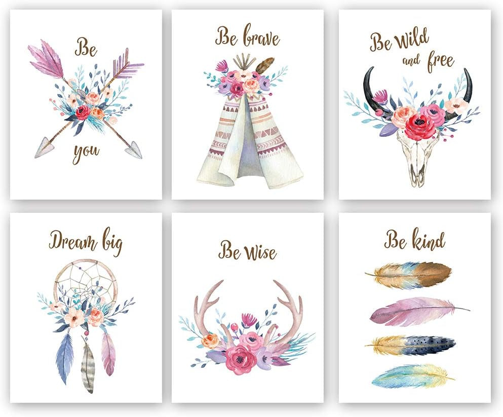 Girls Boho Tribal Art Print,Dreamcatcher Feathers Flowers with Inspirational Quote Wall Poster Picture,Set of 6(8X10“ Unframed) Watercolor Positive Affirmation Words Bohemian Canvas Poster