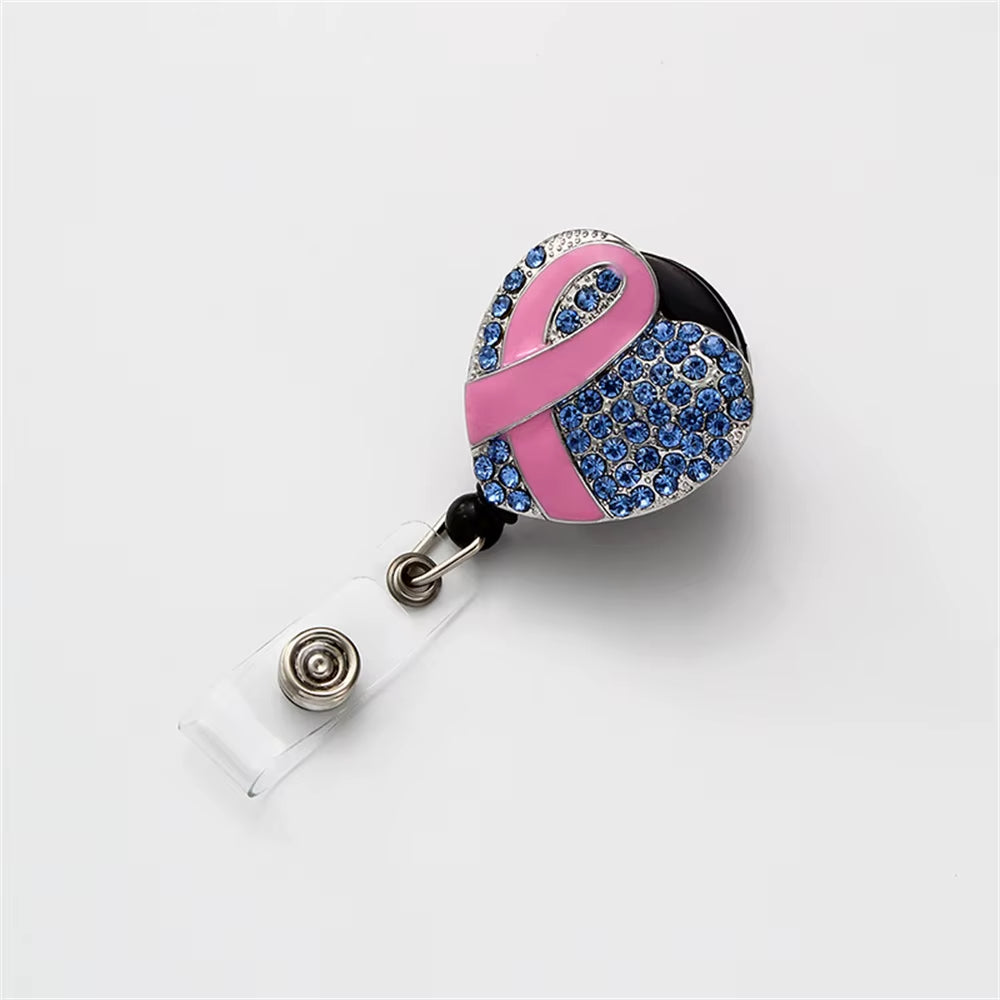 Love Heart Capsule Diamond Pink Ribbon Retractable Nurse Badge Reel Clip Badge Holder Students Doctor Id Card Holder Stationery