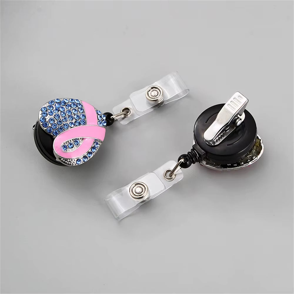 Love Heart Capsule Diamond Pink Ribbon Retractable Nurse Badge Reel Clip Badge Holder Students Doctor Id Card Holder Stationery