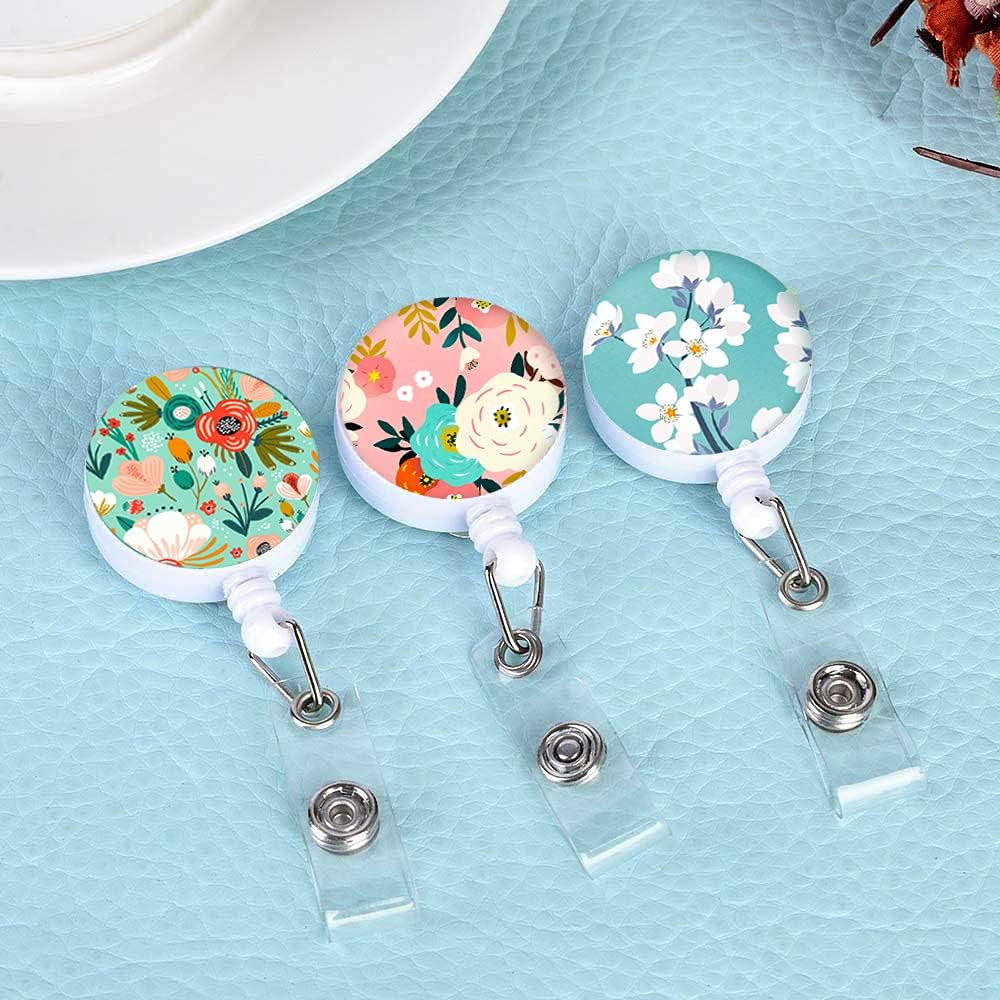 Retractable Badge Reel Clip, Badge Holder with Alligator Clip, Cute Badge Clip on ID Name Card Holders for Nurse Doctor and Office (3Pack Floral Flowers)