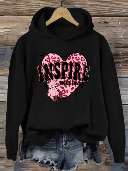 Women'S Casual  Hoodie With Inspirational Graphic & Letter Print - Rib-Knit Hooded Sweatshirt With Cartoon & Floral Patterns For Fall Winter