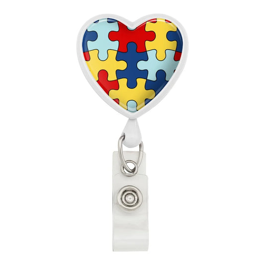 Autism Awareness Diversity Puzzle Pieces Heart Lanyard Retractable Reel Badge ID Card Holder - White