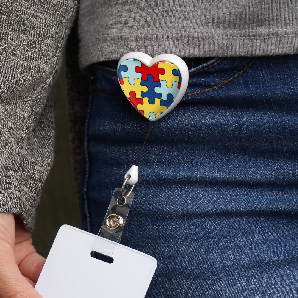 Autism Awareness Diversity Puzzle Pieces Heart Lanyard Retractable Reel Badge ID Card Holder - White