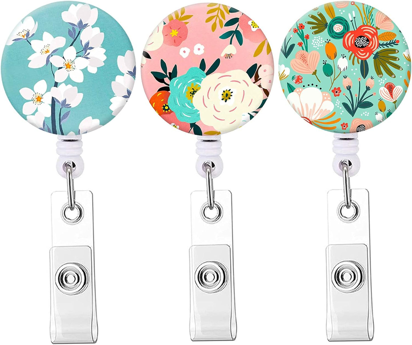 Retractable Badge Reel Clip, Badge Holder with Alligator Clip, Cute Badge Clip on ID Name Card Holders for Nurse Doctor and Office (3Pack Floral Flowers)