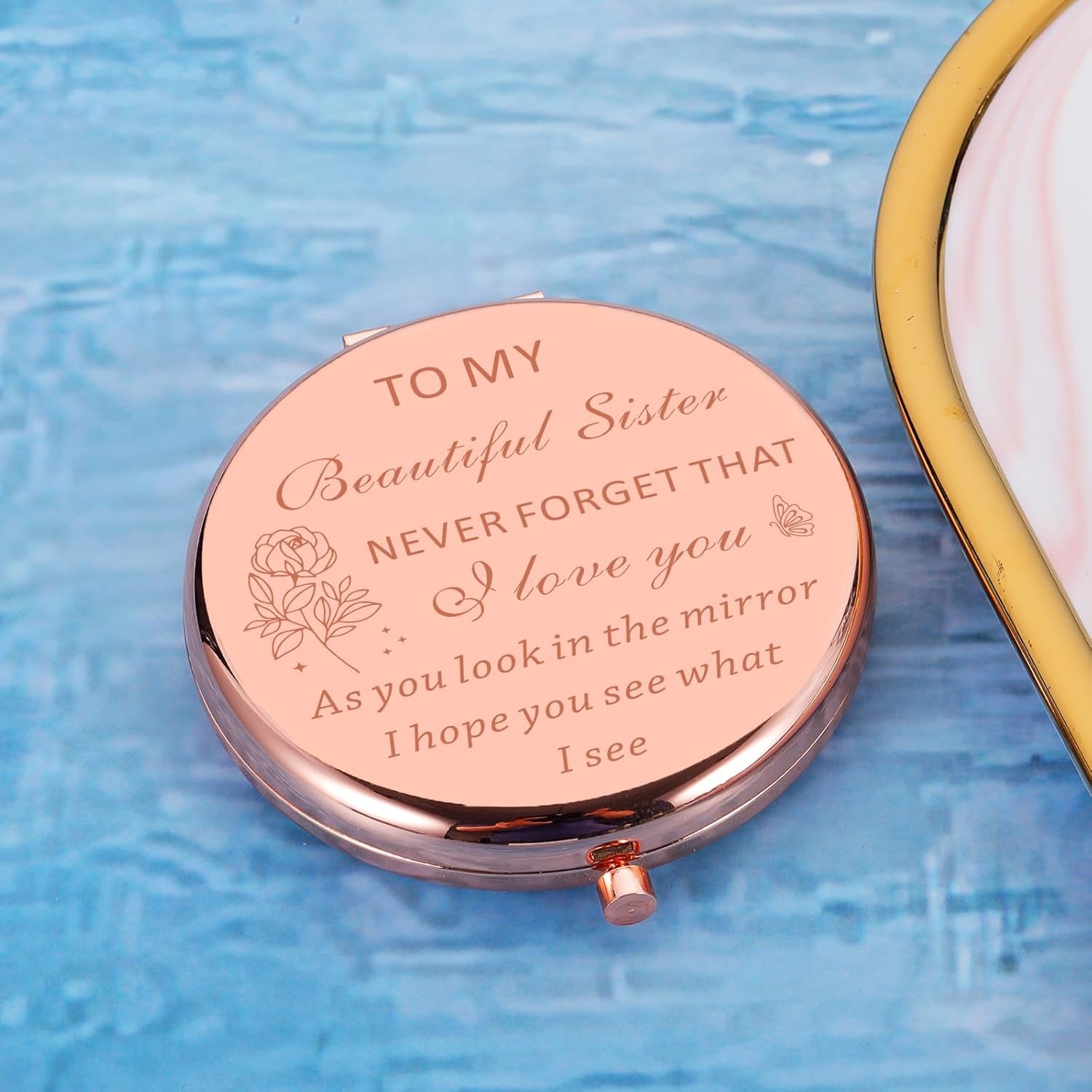 Rose Gold Compact round Mirror, Tabletop Mount, Perfect Sister/Bff Gift, 2.8"L X 2.6"W