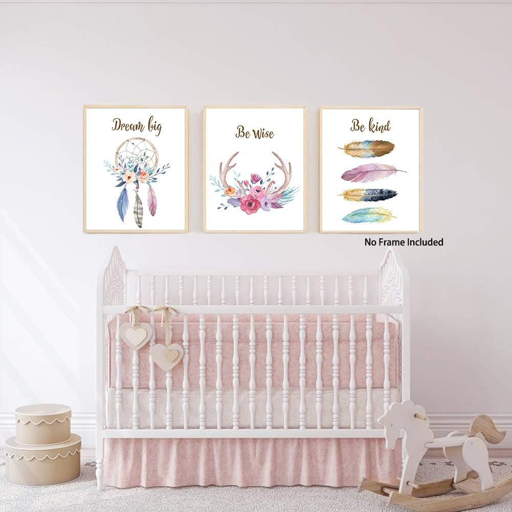 Girls Boho Tribal Art Print,Dreamcatcher Feathers Flowers with Inspirational Quote Wall Poster Picture,Set of 6(8X10“ Unframed) Watercolor Positive Affirmation Words Bohemian Canvas Poster