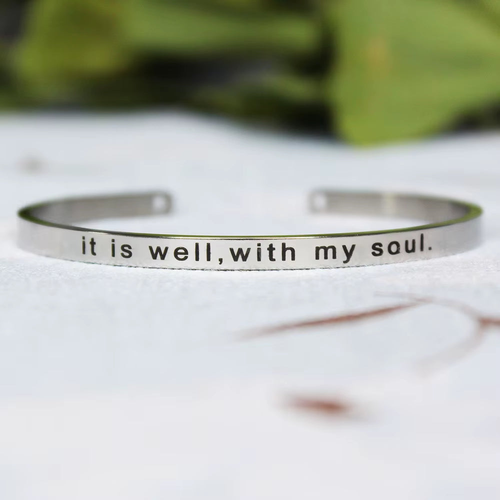 Stainless Steel Bangle Engraved Positive Inspirational Quote Mantra Cuff Titanium Steel Bracelets for Women Men 4Mm Jewelry Gift