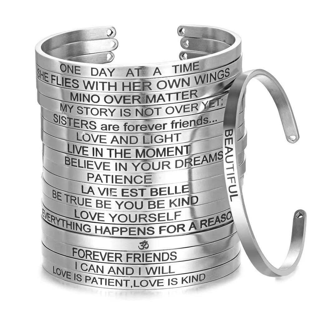 Stainless Steel Bangle Engraved Positive Inspirational Quote Mantra Cuff Titanium Steel Bracelets for Women Men 4Mm Jewelry Gift