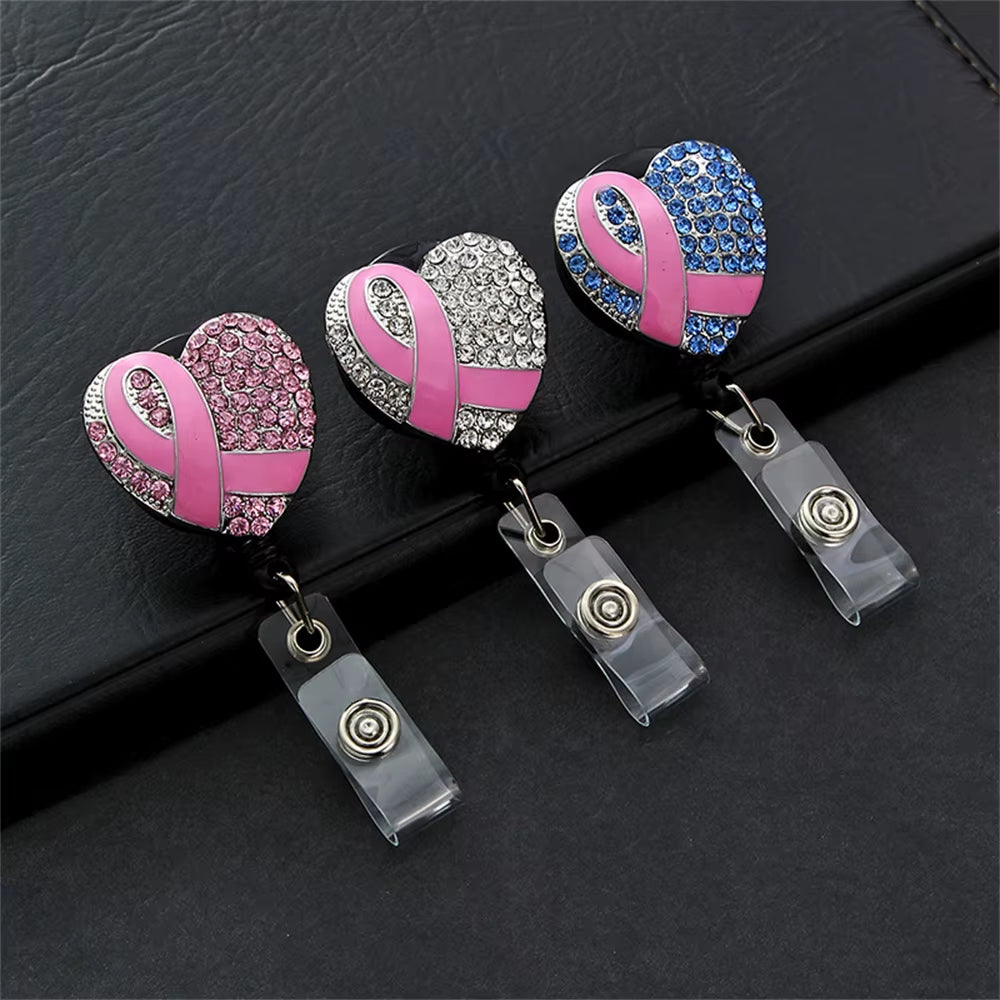 Love Heart Capsule Diamond Pink Ribbon Retractable Nurse Badge Reel Clip Badge Holder Students Doctor Id Card Holder Stationery