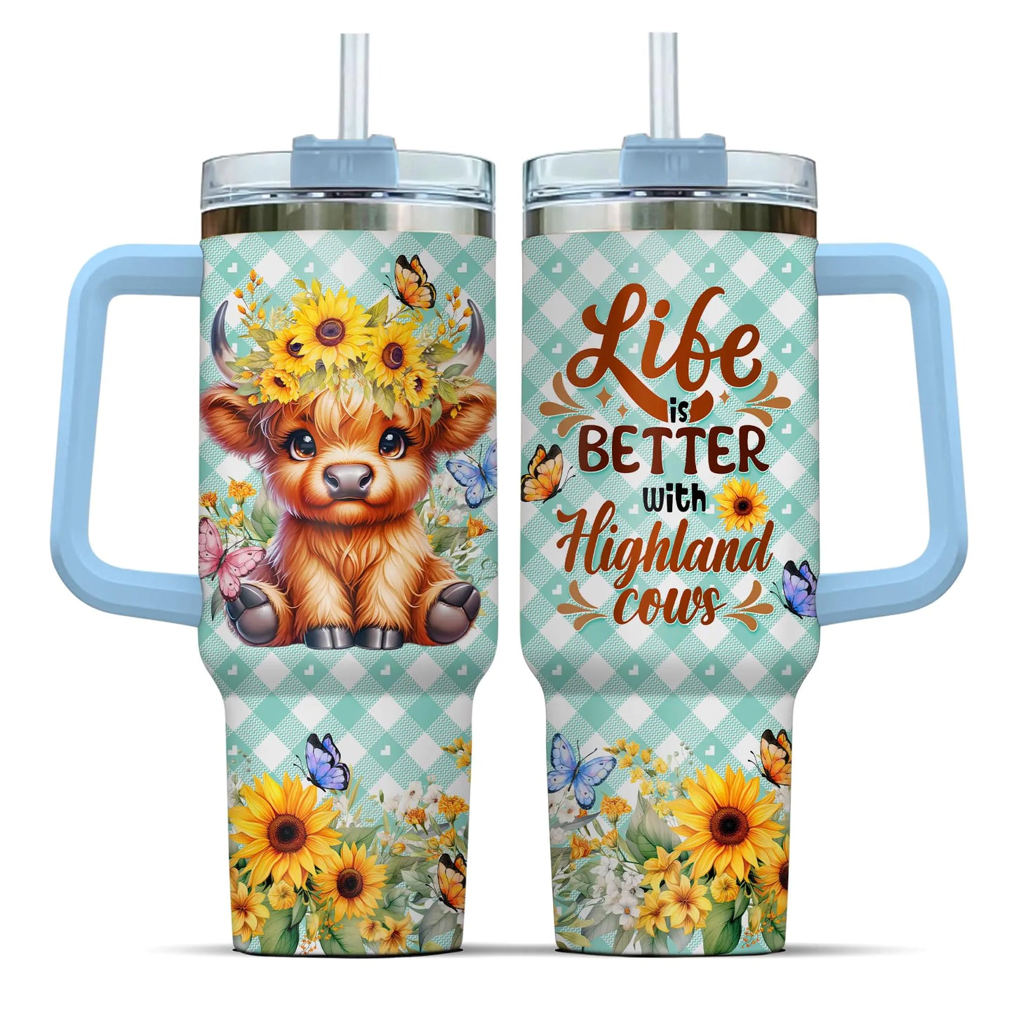 Sunny Cow 40oz Coffee Tumbler with Handle & Straw