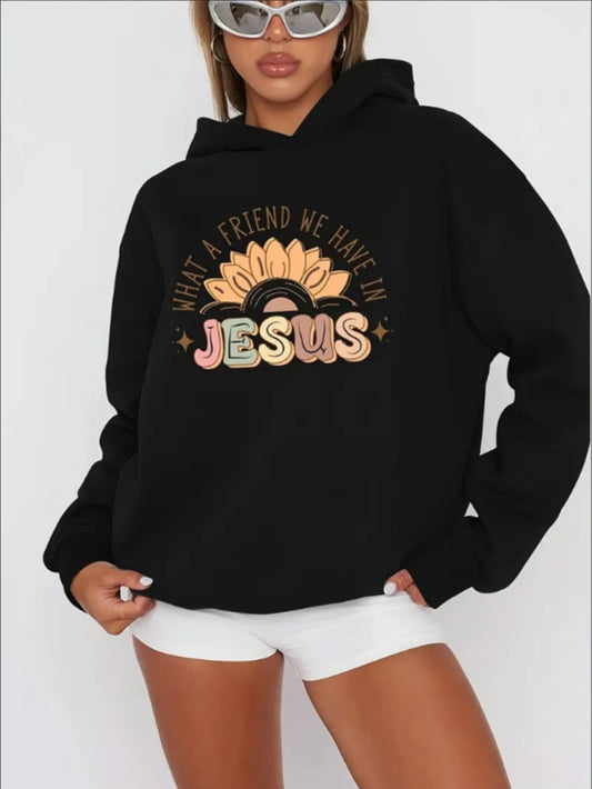 Women's Inspirational Slogan Graphic Hoodie With Jesus Print - Casual  Hooded Sweatshirt With Rib-Knit Detail - Floral And Alphabet Pattern Pullover For Fall Winter