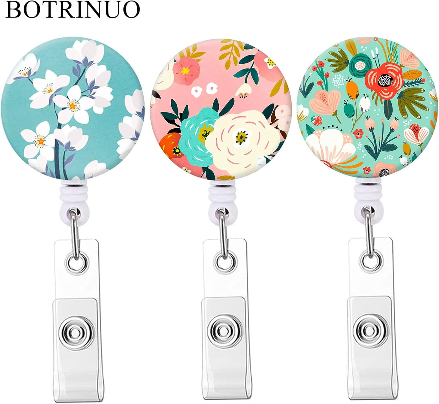 Retractable Badge Reel Clip, Badge Holder with Alligator Clip, Cute Badge Clip on ID Name Card Holders for Nurse Doctor and Office (3Pack Floral Flowers)