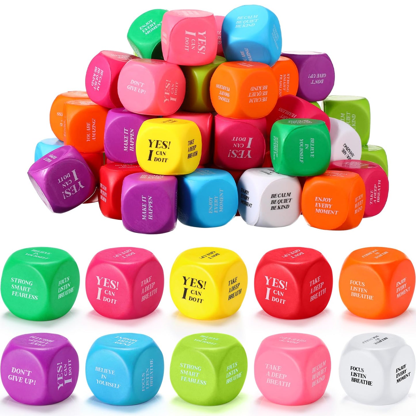 Jerify 30 Pcs Motivational Foam Cubes Stress Ball with Quotes, Square Dice Shaped Foam Stress Relief Toys for Fidget Kids Adults Classroom School Supplies Learning (Multi Colors)