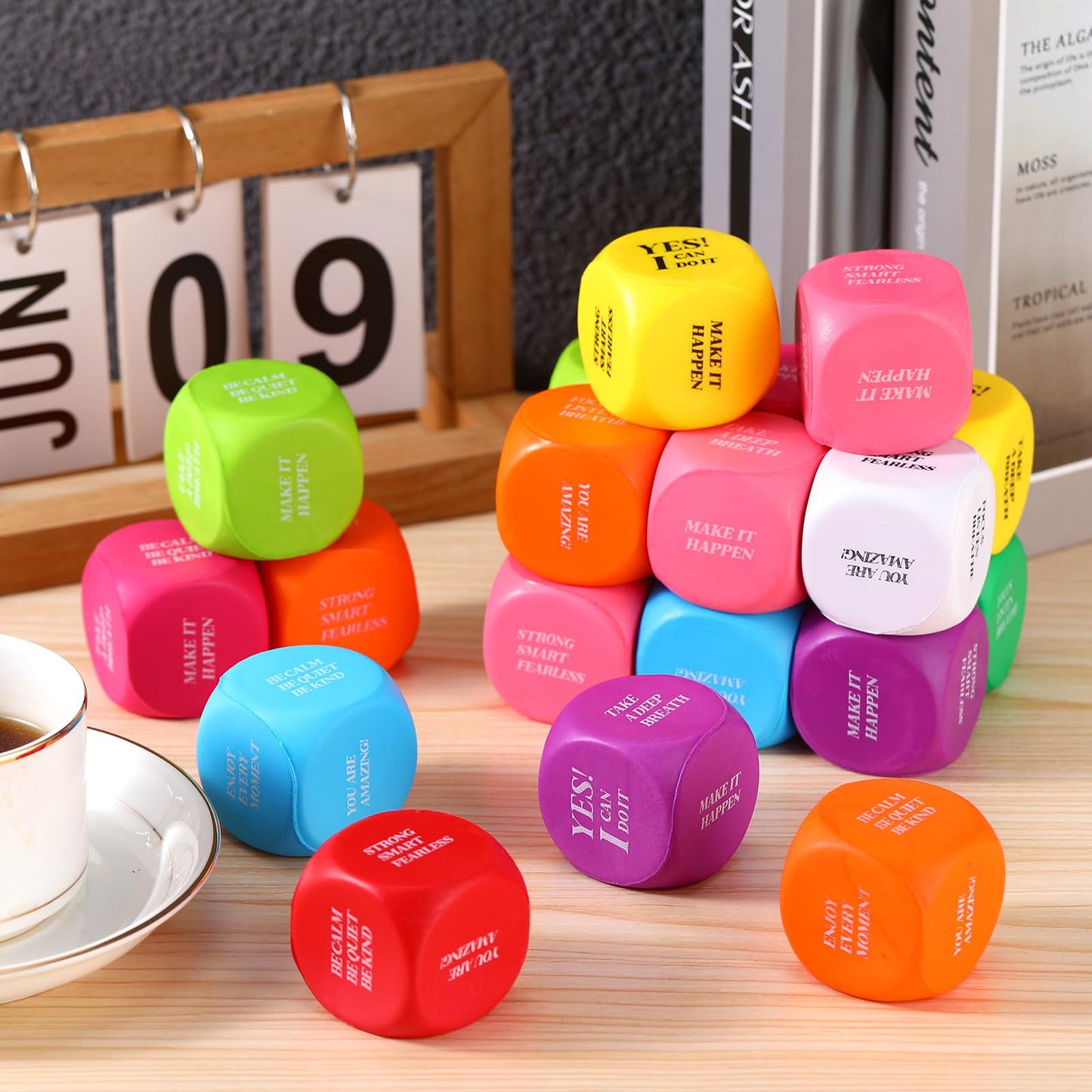 Jerify 30 Pcs Motivational Foam Cubes Stress Ball with Quotes, Square Dice Shaped Foam Stress Relief Toys for Fidget Kids Adults Classroom School Supplies Learning (Multi Colors)