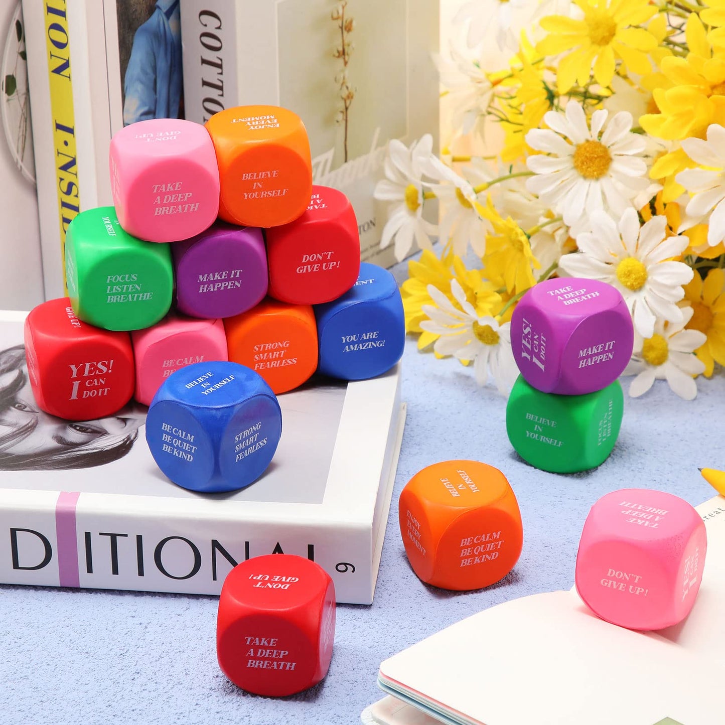 Jerify 30 Pcs Motivational Foam Cubes Stress Ball with Quotes, Square Dice Shaped Foam Stress Relief Toys for Fidget Kids Adults Classroom School Supplies Learning (Multi Colors)