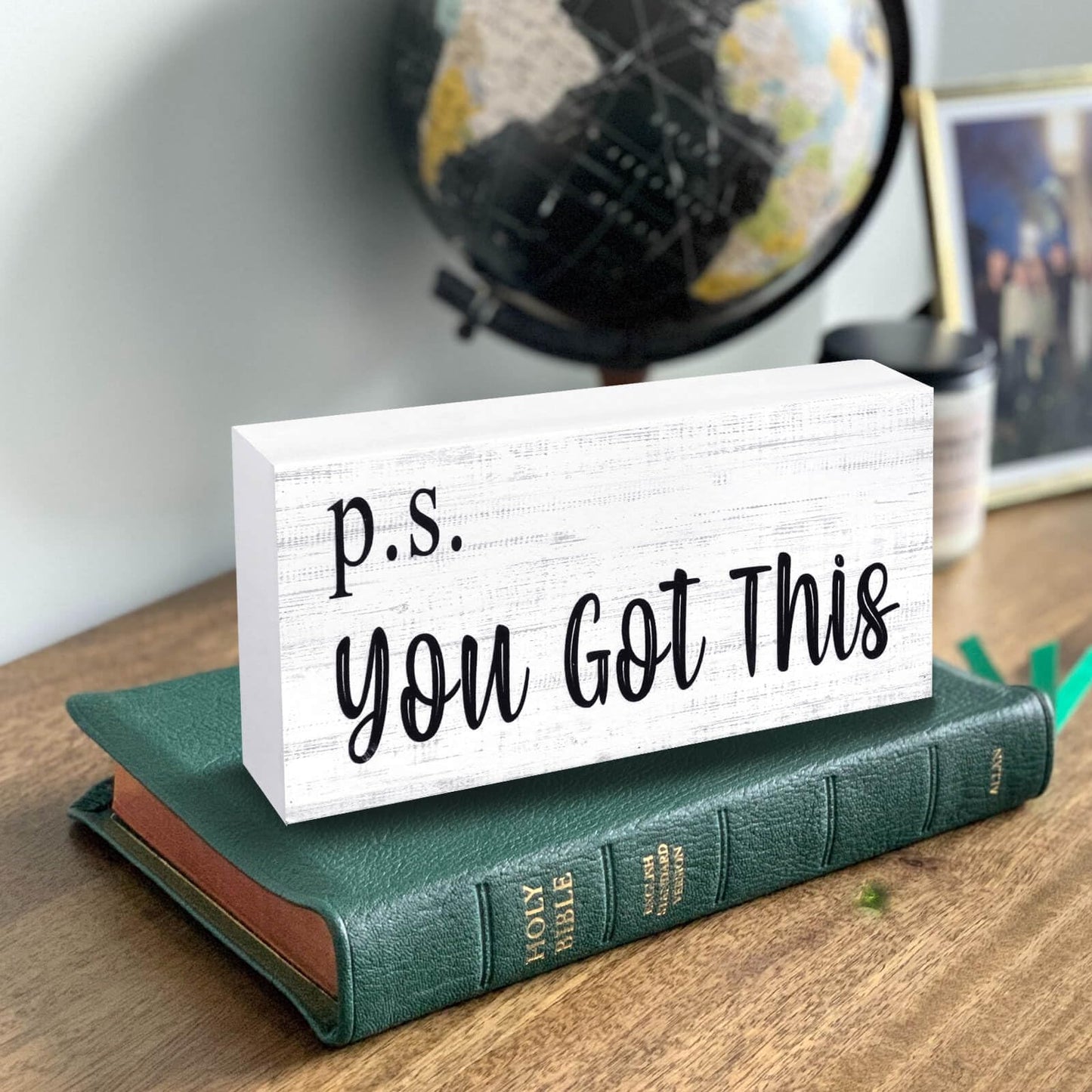 Esur Motivational Home Office Desk Black Decor - Farmhouse Wooden Box Sign Gift for Women - P.S. You Got This