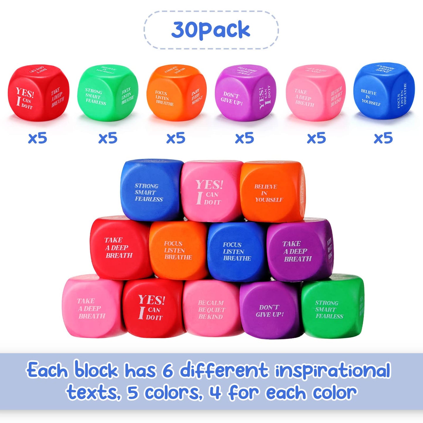 Jerify 30 Pcs Motivational Foam Cubes Stress Ball with Quotes, Square Dice Shaped Foam Stress Relief Toys for Fidget Kids Adults Classroom School Supplies Learning (Multi Colors)