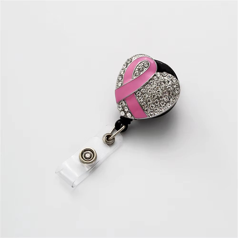 Love Heart Capsule Diamond Pink Ribbon Retractable Nurse Badge Reel Clip Badge Holder Students Doctor Id Card Holder Stationery