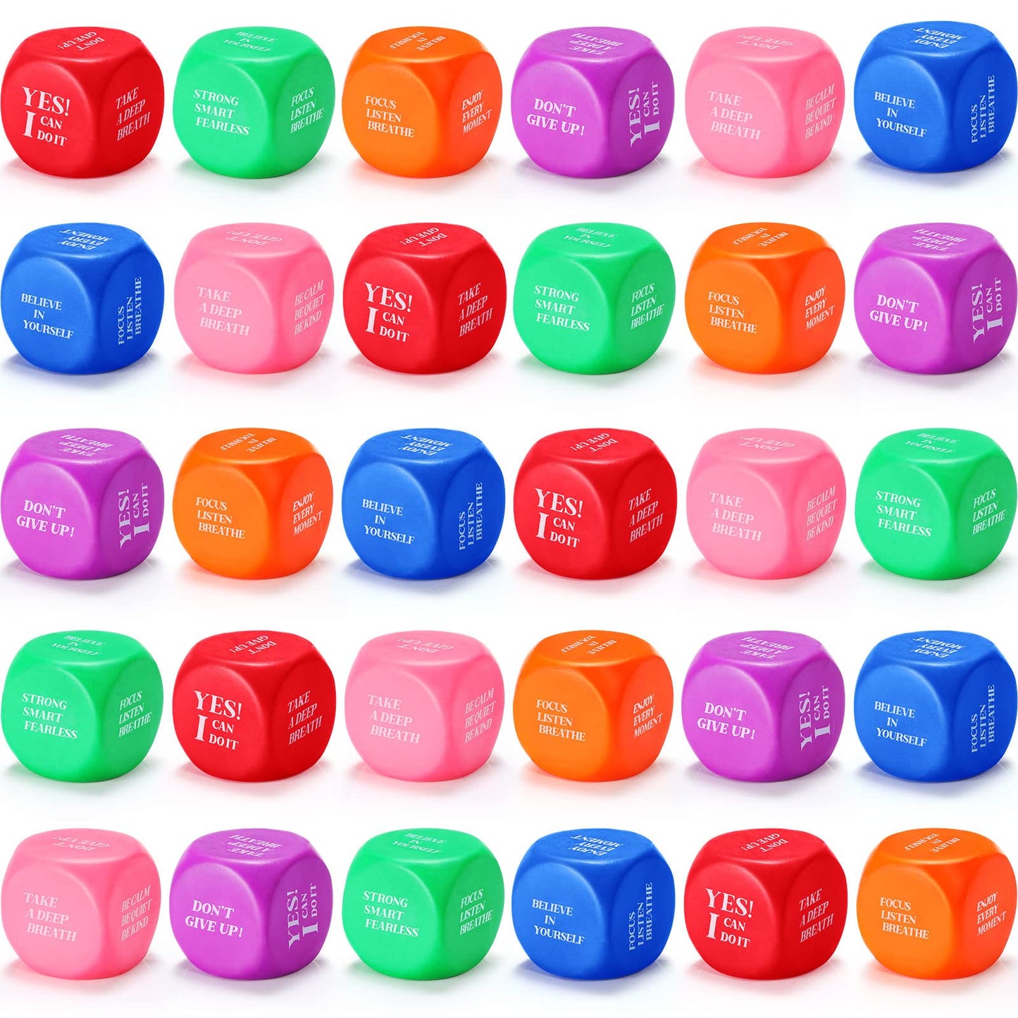 Jerify 30 Pcs Motivational Foam Cubes Stress Ball with Quotes, Square Dice Shaped Foam Stress Relief Toys for Fidget Kids Adults Classroom School Supplies Learning (Multi Colors)