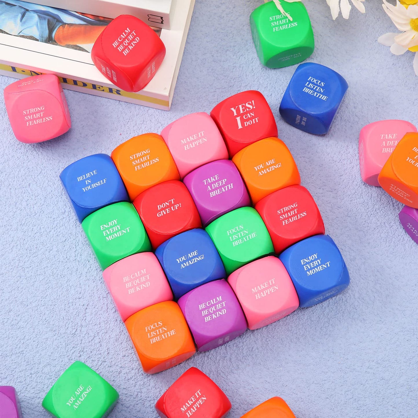 Jerify 30 Pcs Motivational Foam Cubes Stress Ball with Quotes, Square Dice Shaped Foam Stress Relief Toys for Fidget Kids Adults Classroom School Supplies Learning (Multi Colors)