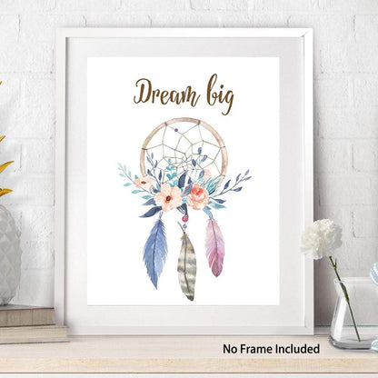 Girls Boho Tribal Art Print,Dreamcatcher Feathers Flowers with Inspirational Quote Wall Poster Picture,Set of 6(8X10“ Unframed) Watercolor Positive Affirmation Words Bohemian Canvas Poster