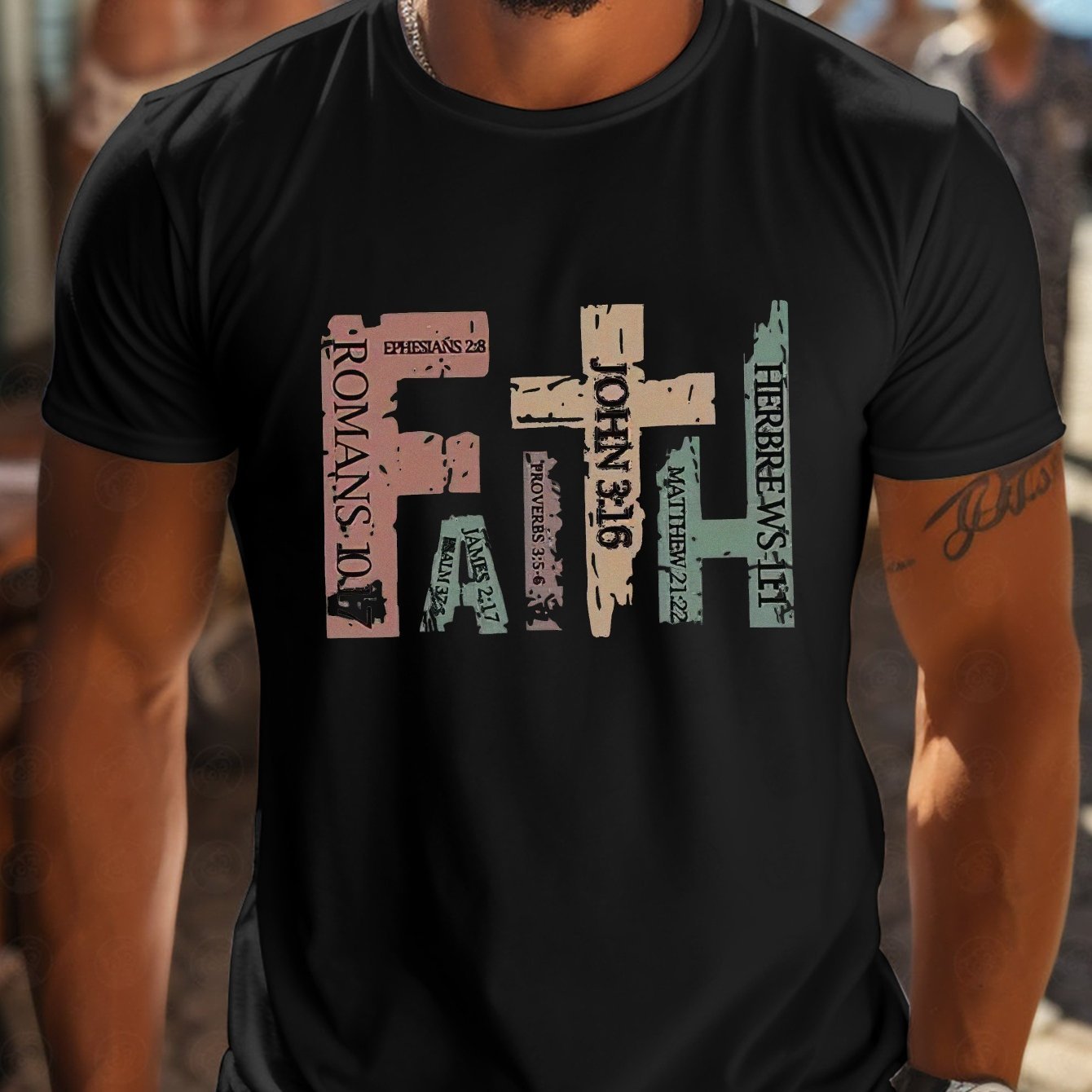 Men's Casual Round Neck T-shirt With Inspirational Bible Scripture Print, Regular Style Short Sleeved Knitted Fabric Top, Suitable For Summer Outings