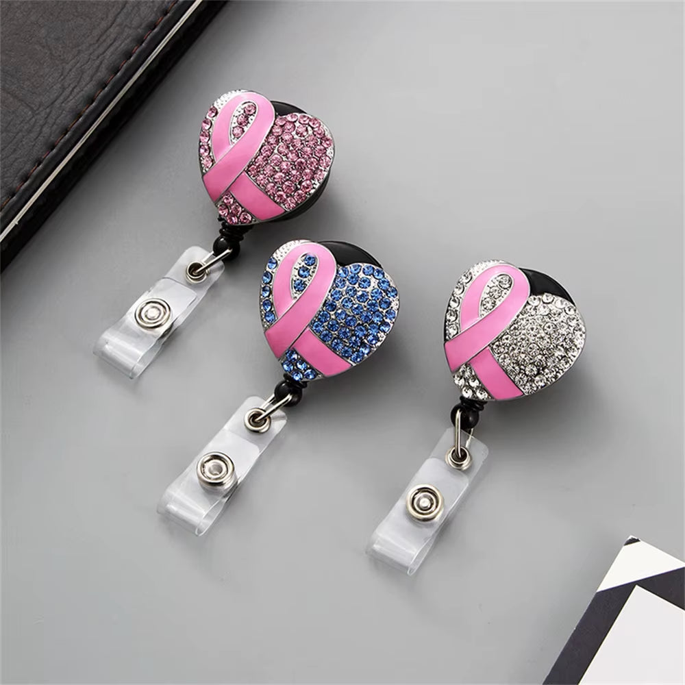 Love Heart Capsule Diamond Pink Ribbon Retractable Nurse Badge Reel Clip Badge Holder Students Doctor Id Card Holder Stationery