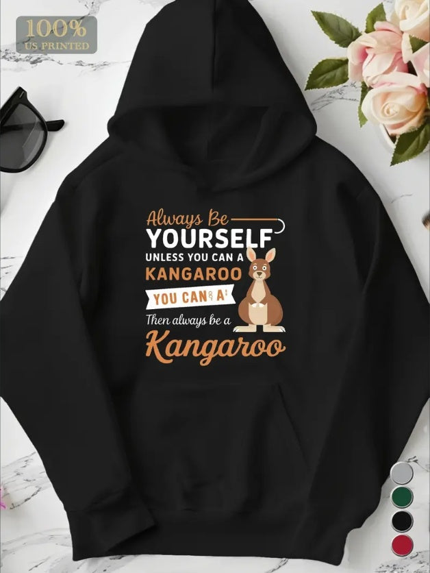 Women'S Kangaroo Quote Hoodie, Casual Pullover With Geometric Pattern, Long Sleeve, Regular Length, Pocket Detail, Autumn Winter Fashion, Hooded Sweatshirt