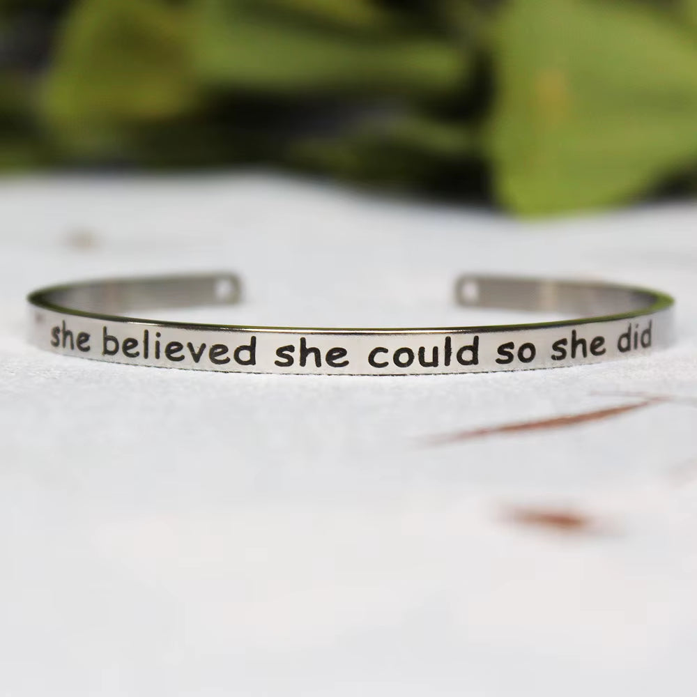 Stainless Steel Bangle Engraved Positive Inspirational Quote Mantra Cuff Titanium Steel Bracelets for Women Men 4Mm Jewelry Gift