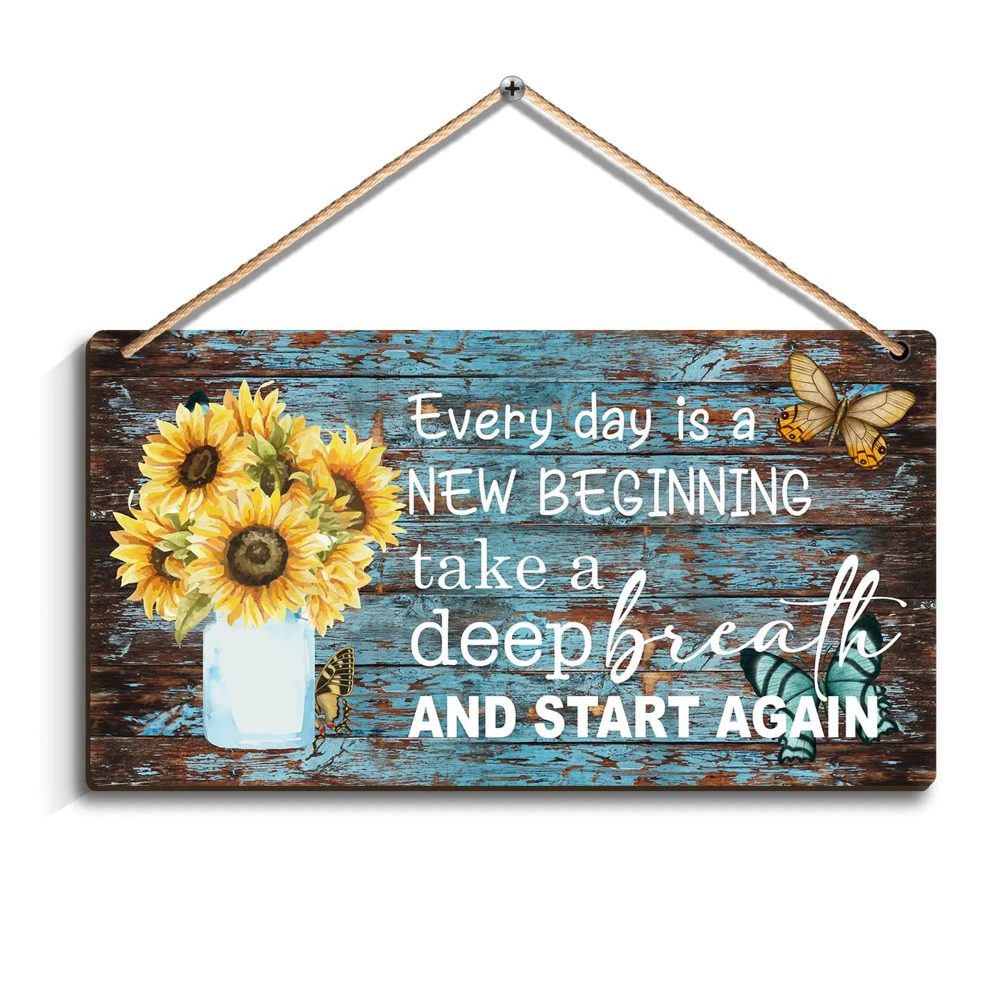 SHLINCO Hanging Wooden Art Sign - Sunflower Blue Butterfly Inspirational Quotes - Every Day is a New Beginning - Inspirational Quote Gift for Women Decor 12 x 6 inch