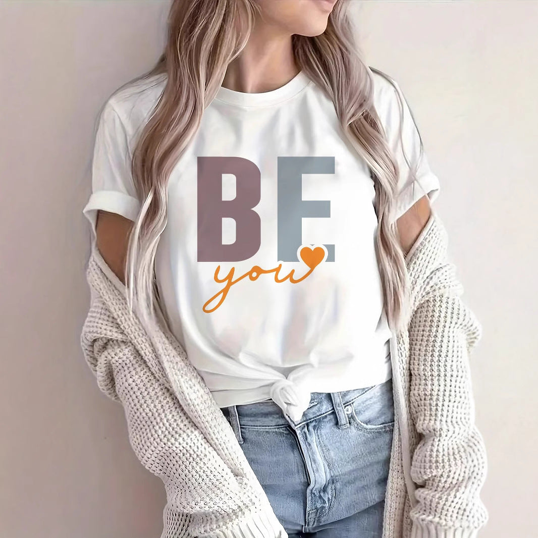 European And American Amazon Temu New Letter Slogan Graphic Printing Round Neck Short Sleeve T-shirt Cross-border Casual Top