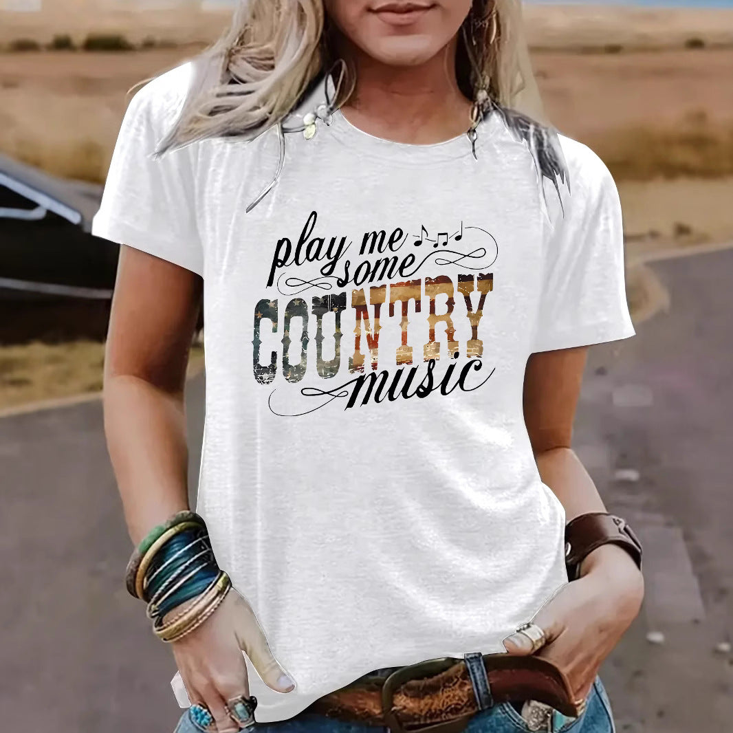 European And American Casual T-shirt Play Me Some COUNTRY Music Cross-border Summer Round Neck Short Sleeve In Stock Top