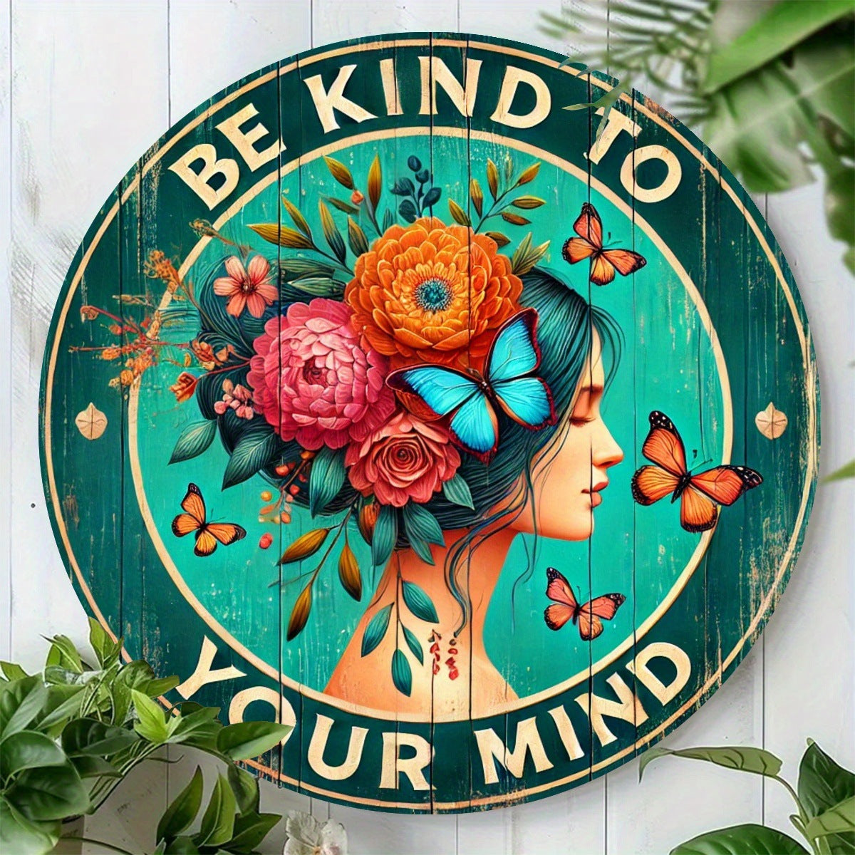 Be Kind To Your Heart "round Aluminum Logo -7.8x 7.8 Inches, Floral And Butterfly Design,