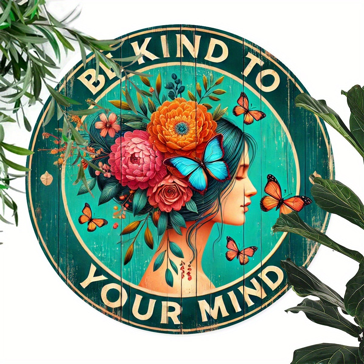 Be Kind To Your Heart "round Aluminum Logo -7.8x 7.8 Inches, Floral And Butterfly Design,