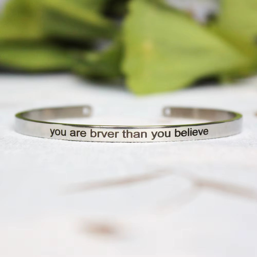 Stainless Steel Bangle Engraved Positive Inspirational Quote Mantra Cuff Titanium Steel Bracelets for Women Men 4Mm Jewelry Gift