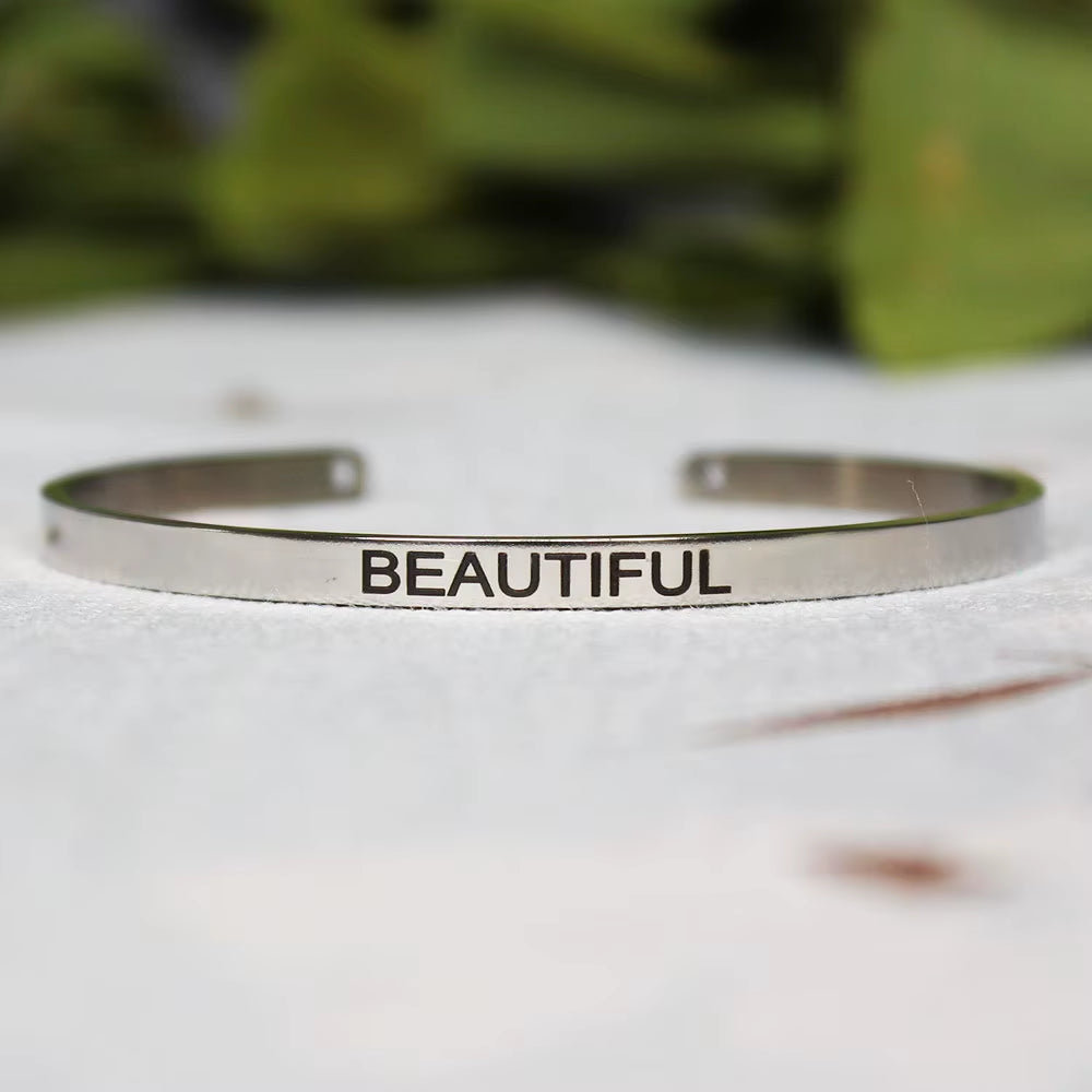 Stainless Steel Bangle Engraved Positive Inspirational Quote Mantra Cuff Titanium Steel Bracelets for Women Men 4Mm Jewelry Gift