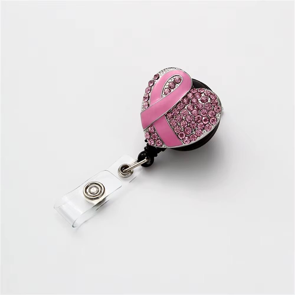 Love Heart Capsule Diamond Pink Ribbon Retractable Nurse Badge Reel Clip Badge Holder Students Doctor Id Card Holder Stationery