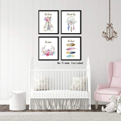Girls Boho Tribal Art Print,Dreamcatcher Feathers Flowers with Inspirational Quote Wall Poster Picture,Set of 6(8X10“ Unframed) Watercolor Positive Affirmation Words Bohemian Canvas Poster