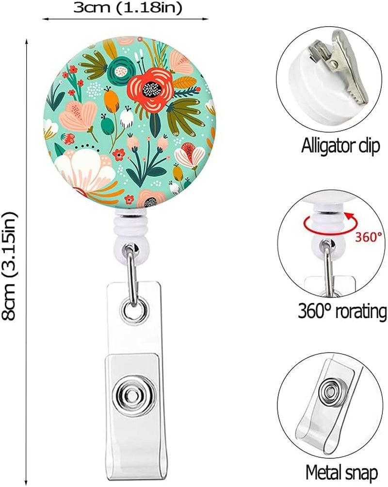 Retractable Badge Reel Clip, Badge Holder with Alligator Clip, Cute Badge Clip on ID Name Card Holders for Nurse Doctor and Office (3Pack Floral Flowers)