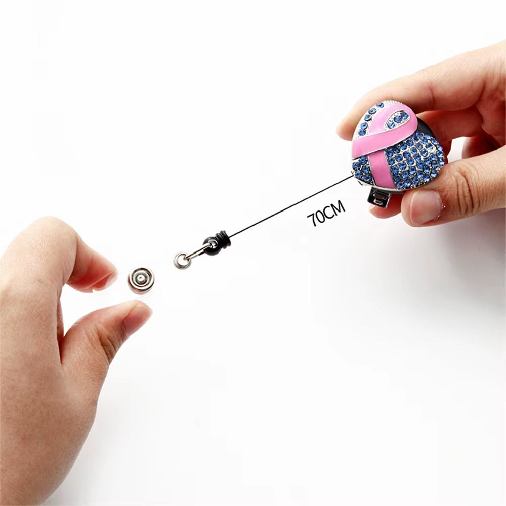 Love Heart Capsule Diamond Pink Ribbon Retractable Nurse Badge Reel Clip Badge Holder Students Doctor Id Card Holder Stationery