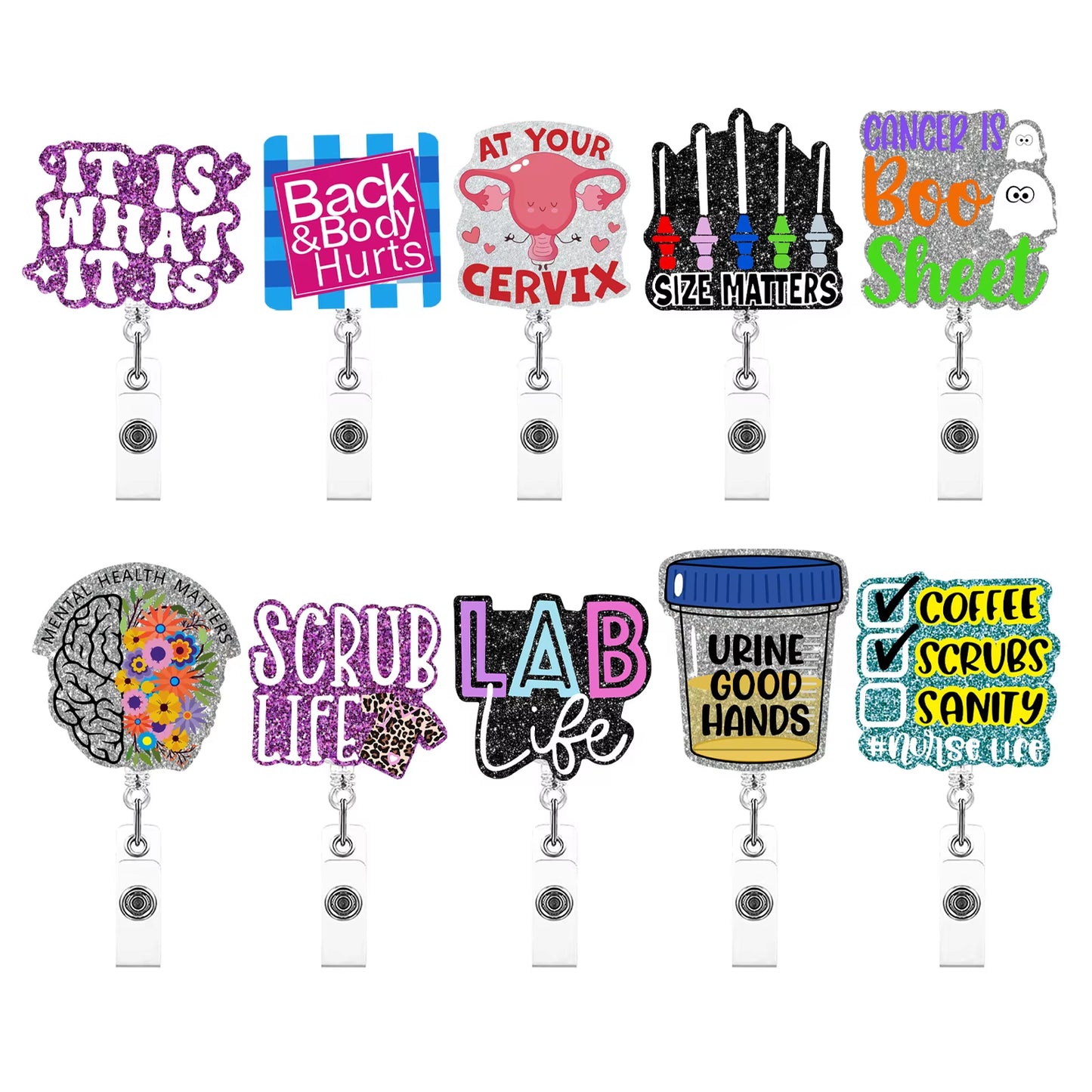 New Design 1 Piece Glitter Acrylic Retractable Nurse Badge Reel Doctor Teacher Student Name ID Card Holder Keychains Lanyard