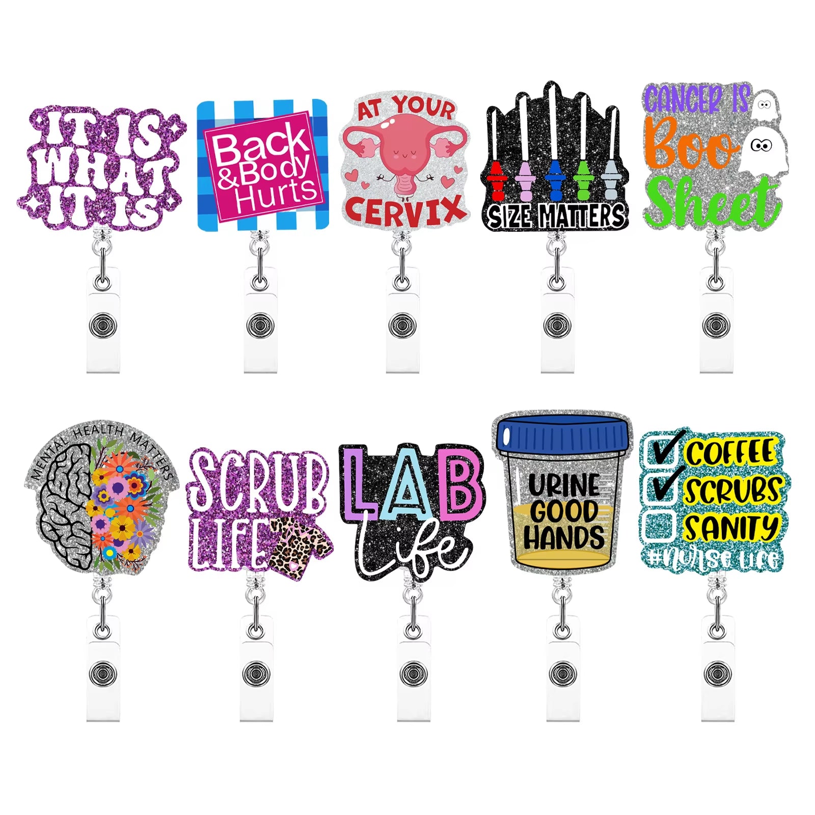 New Design 1 Piece Glitter Acrylic Retractable Nurse Badge Reel Doctor Teacher Student Name ID Card Holder Keychains Lanyard