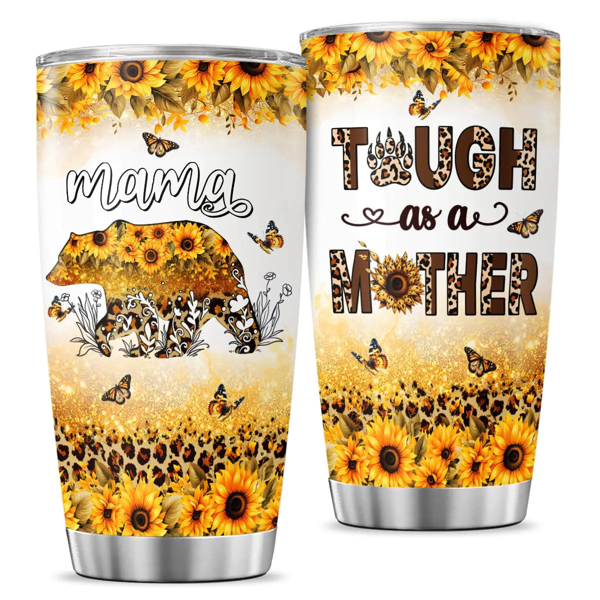 For Mothers Day Women Mother Mom Funny Coffee Leopard Print Cups Insulated Tumblers Cheetah Handle Mama Bear Gifts Mama Bear Sunflower Tumbler 20 Oz With Lid And Straw